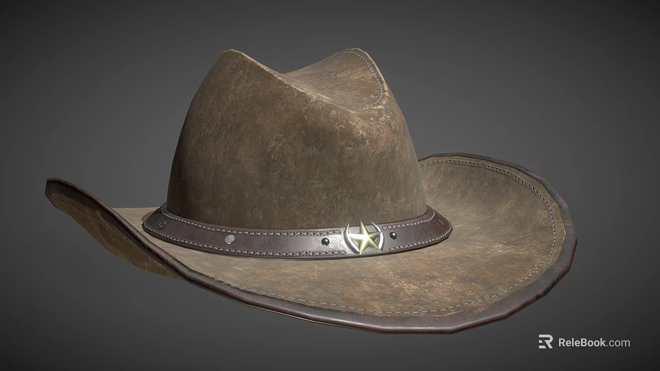 Brown Cowboy Hat with Distressed Texture Leather Band and Star Shaped Buckle Wide Brim 3d model 