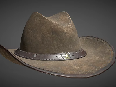 Brown Cowboy Hat with Distressed Texture Leather Band and Star Shaped Buckle Wide Brim 3d model