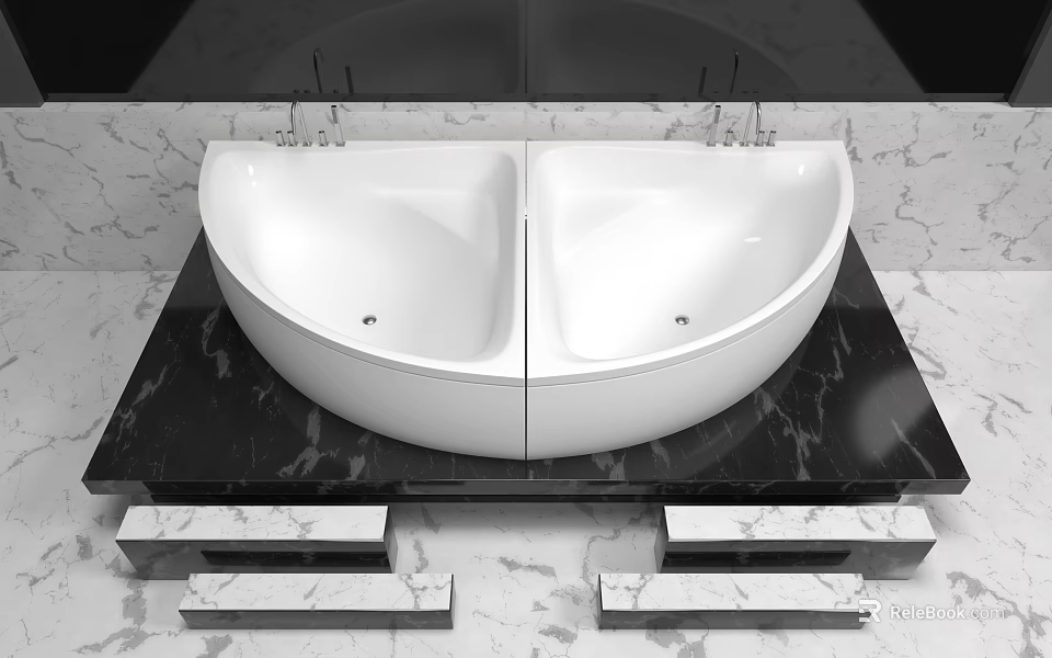 Modern White Double Basin Bathtub on Black and White Marble Platform with Sleek Design 3d model 