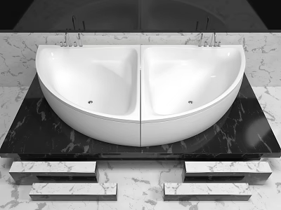 Modern White Double Basin Bathtub on Black and White Marble Platform with Sleek Design 3d model