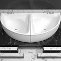 Modern White Double Basin Bathtub on Black and White Marble Platform with Sleek Design