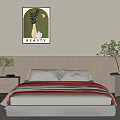 Modern Minimalist Double Bed with Wooden Headboard Striped Bedding Green Plant Vase and Beauty Poster