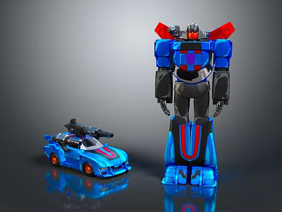 Blue Toy Robot With Red Accents And Matching Transformable Sports Car Model 3d model