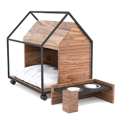 Modern Wooden Pet House With Metal Frame White Cushion And Food Bowls 3d model