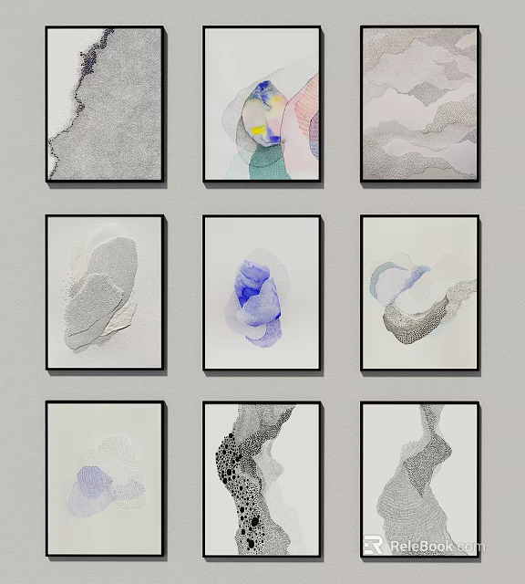 Abstract Artworks With Various Designs In Black Frames Arranged As Wall Decor 3d model 