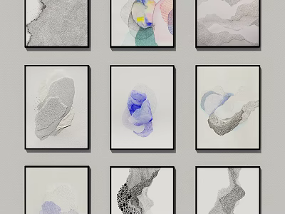 Abstract Artworks With Various Designs In Black Frames Arranged As Wall Decor 3d model