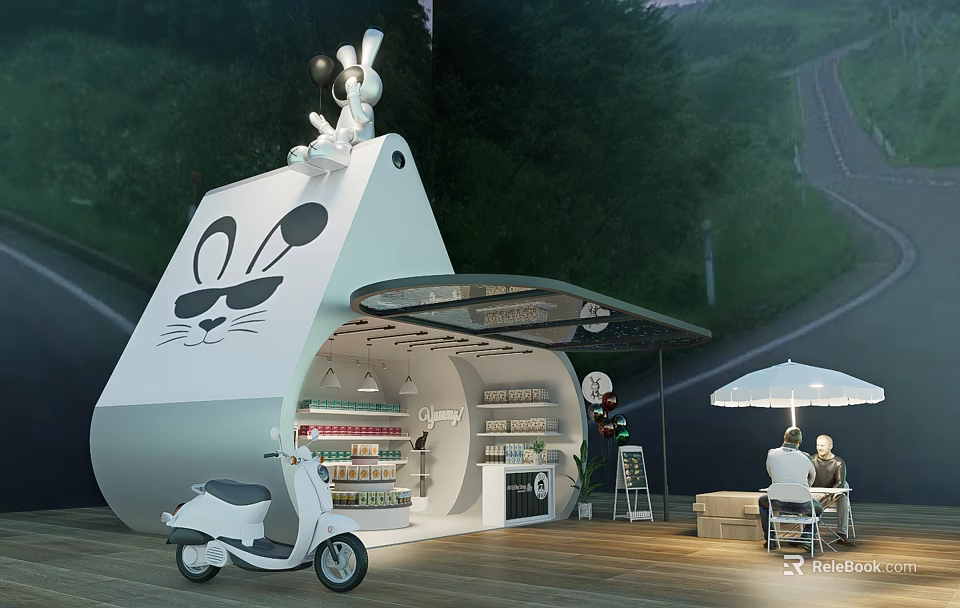 Rabbit Shaped Kiosk With Open Shelves Goods White Scooter Tables Chairs Umbrella Green Woods Road 3d model 