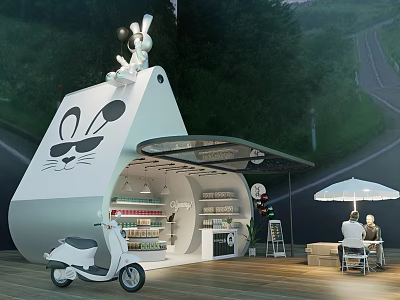Rabbit Shaped Kiosk With Open Shelves Goods White Scooter Tables Chairs Umbrella Green Woods Road 3d model