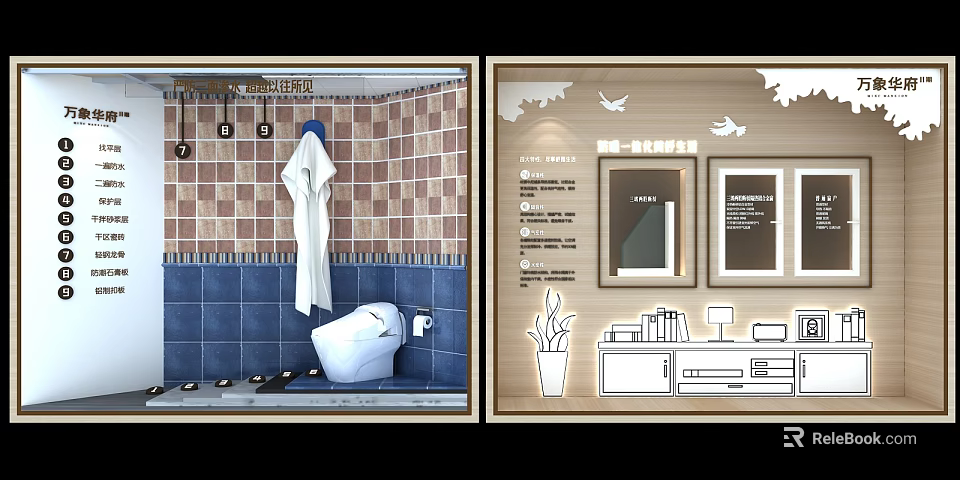 Bathroom and Study Room Showcase with Blue Tiles White Toilet Frames and Bookshelf 3d model 