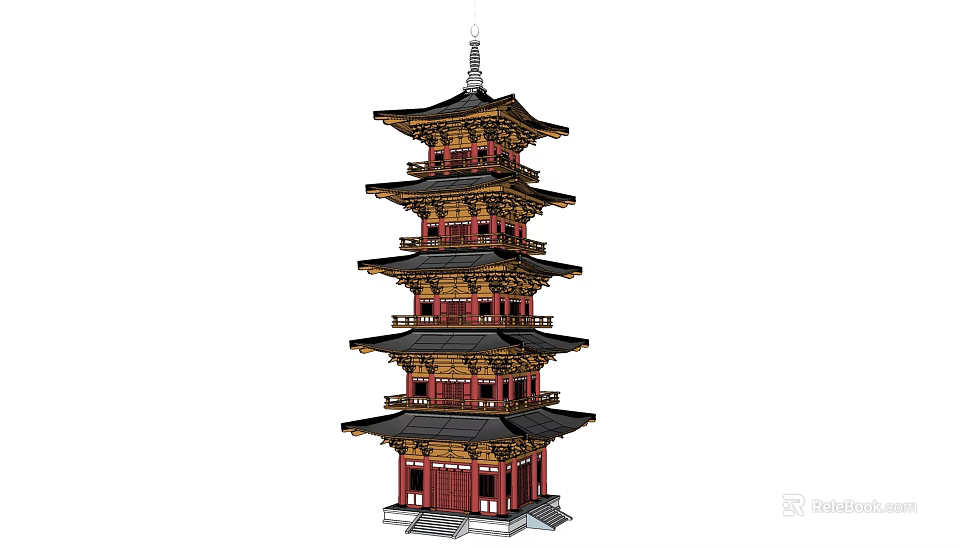 Ancient Chinese Pagoda Featuring Five Tiered Red And Gold Wooden Architectural Design 3d model 