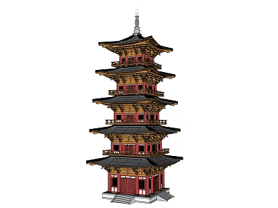 Ancient Chinese Pagoda Featuring Five Tiered Red And Gold Wooden Architectural Design 3d model