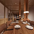 Elegant Restaurant Interior With Wooden Dining Tables White Plates Columns And Ceiling Design
