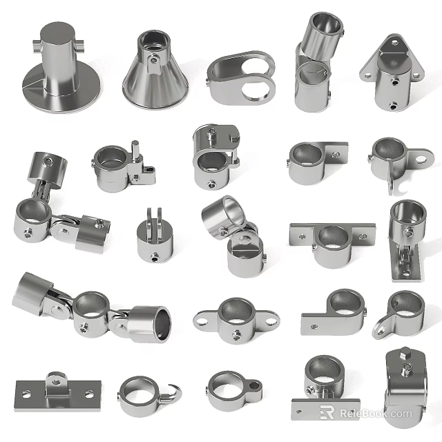 Metal Pipe Fittings Collection with Various Types of Stainless Steel Plumbing Accessories 3d model 