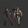 Two Men Holding Bows And Arrows Wearing Medieval Style Clothing With Red And Blue Hats