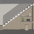 Modern Interior Staircase With Wooden Cabinets Console Table And Green Plant Decor