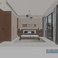 Modern Bedroom Interior With Wooden Wardrobes Pendant Light Bed Nightstands And Floor To Ceiling Windows