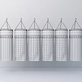 Six Red Cylindrical Pendants With Gold Top Rings Hanging By Chains On Gray Background