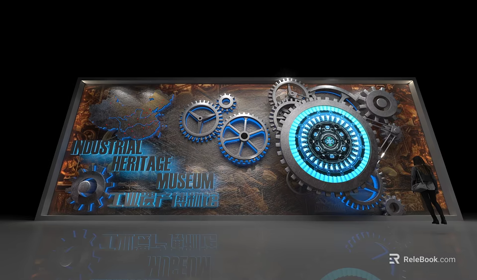 Industrial Heritage Museum Background Wall With Metallic Gears And Blue Lighting 3d model 