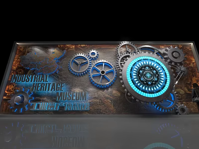 Industrial Heritage Museum Background Wall With Metallic Gears And Blue Lighting 3d model