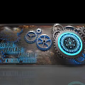 Industrial Heritage Museum Background Wall With Metallic Gears And Blue Lighting