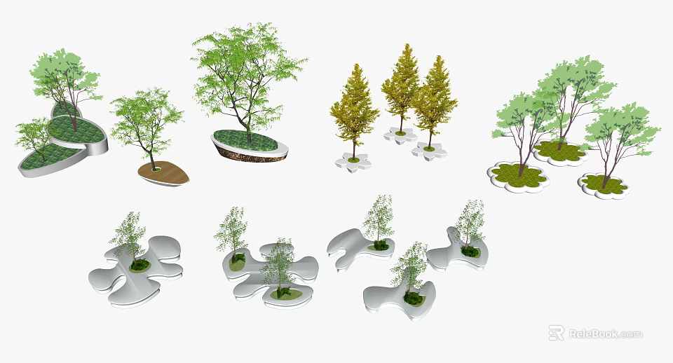 Creative Tree Planters Design with Various Shapes and Green Trees in Landscaping 3d model