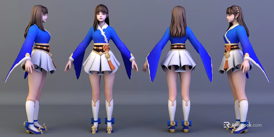 Anime Game Character Design In Blue And White Outfit With Long Sleeves And Brown Belt 3d model 