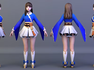 Anime Game Character Design In Blue And White Outfit With Long Sleeves And Brown Belt 3d model
