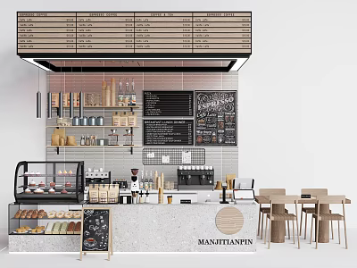 Modern Café Interior With Counter Display Case Menu Boards Coffee Machines Wooden Tables And Chairs 3d model