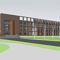 Modern Brown Office Building With Geometric Design Large Windows And Green Area