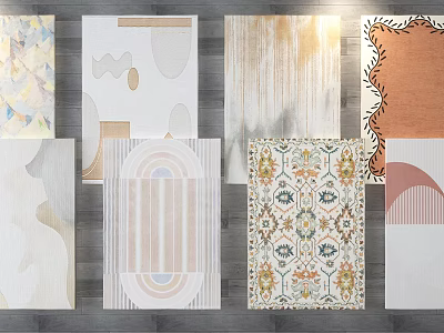 Various Square Rugs with Geometric Abstract Floral Patterns in Neutral Tones for Home Decor 3d model