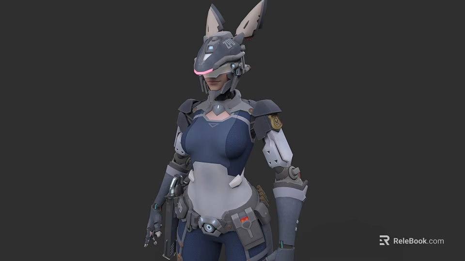 Futuristic Mech Style Game Movie Character With Rabbit Ears Holding Weapon And Blue Gray Armor 3d model 