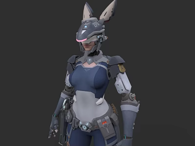 Futuristic Mech Style Game Movie Character With Rabbit Ears Holding Weapon And Blue Gray Armor 3d model