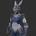 Futuristic Mech Style Game Movie Character With Rabbit Ears Holding Weapon And Blue Gray Armor