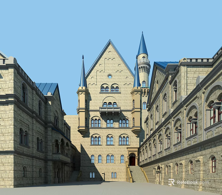 Ancient Architecture With European Style Pointed Roofs Blue Tower Stone Walls And Arched Windows Courtyard 3d model 