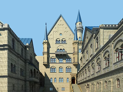 Ancient Architecture With European Style Pointed Roofs Blue Tower Stone Walls And Arched Windows Courtyard 3d model