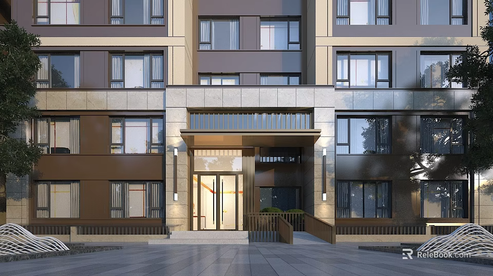 Modern Residential Building Entrance Gate With Stone Facade Glass Doors And Canopy Lighting 3d model 