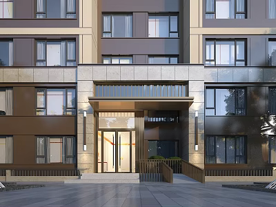 Modern Residential Building Entrance Gate With Stone Facade Glass Doors And Canopy Lighting 3d model