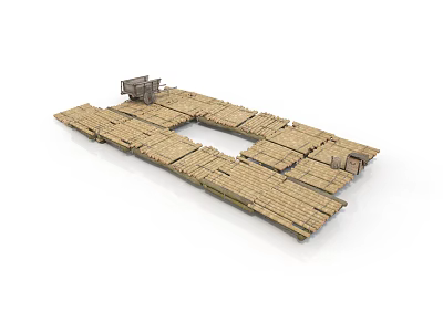 Wooden Platform Structure With Small Building And Interlocking Plank Design 3d model