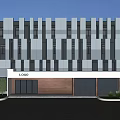 Modern Storefront Entrance Design With Glass Doors Metal Panel Facade LOGO Sign And Greenery