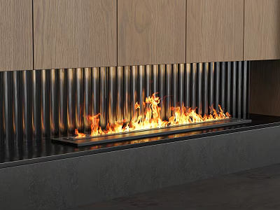 Sleek Modern Fireplace With Black Metal Grate And Burning Flames In Wooden Cabinetry 3d model