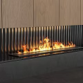 Sleek Modern Fireplace With Black Metal Grate And Burning Flames In Wooden Cabinetry