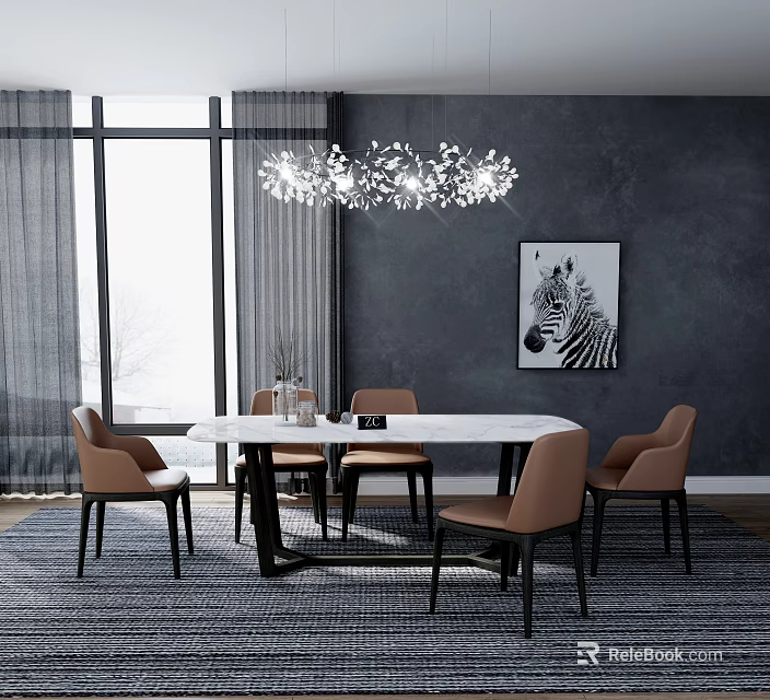Modern Dining Table Set with White Tabletop Brown Leather Chairs Gray Wall Zebra Artwork 3d model