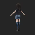 Woman Wearing Black T Shirt Denim Skirt Blue Knee High Socks And Black Boots