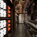 Japanese Restaurant Interior With Wooden Bar Counter Dining Tables Hanging Lanterns And Wall Art