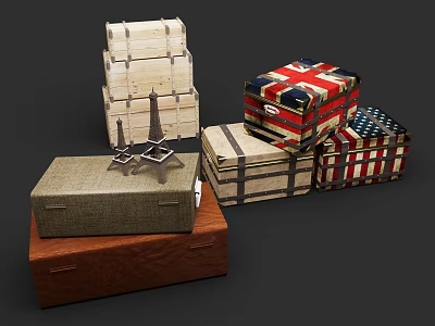 Decorative Ornament Set with Stacked Wooden Boxes UK US Flag Patterns and Metal Decorations 3d model