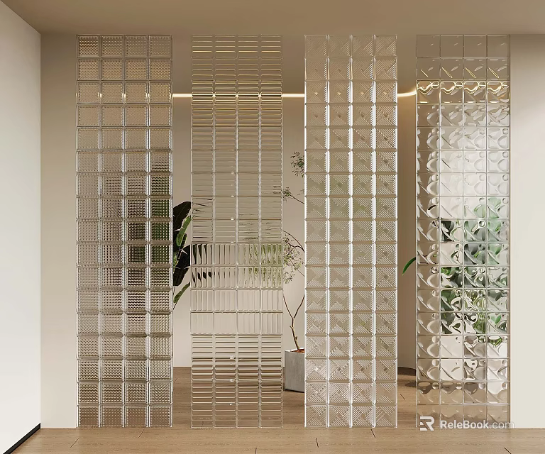 Modern Interior Design With Transparent Geometric Pattern Partitions And Green Plants 3d model 