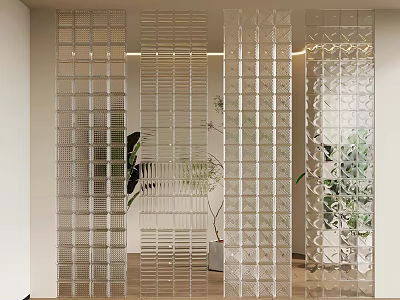 Modern Interior Design With Transparent Geometric Pattern Partitions And Green Plants 3d model