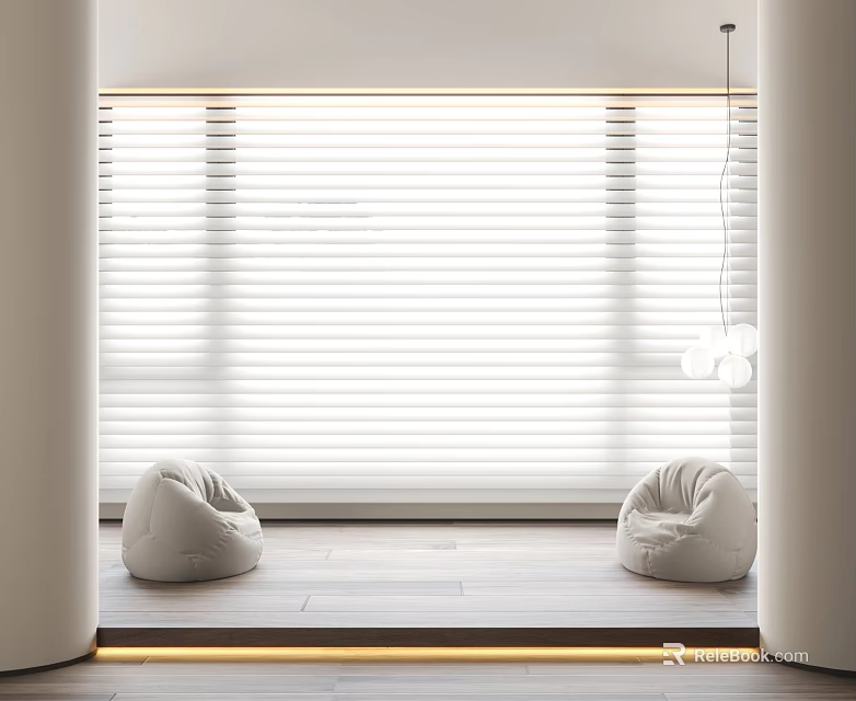White Window Blinds In Minimalist Interior With Two White Bean Bags And Soft Light 3d model 