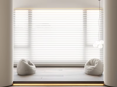 White Window Blinds In Minimalist Interior With Two White Bean Bags And Soft Light 3d model