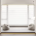 White Window Blinds In Minimalist Interior With Two White Bean Bags And Soft Light